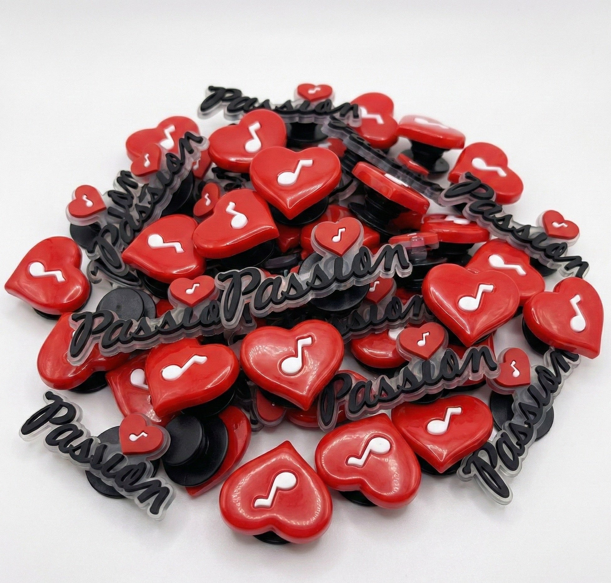 charms, pins, buttons